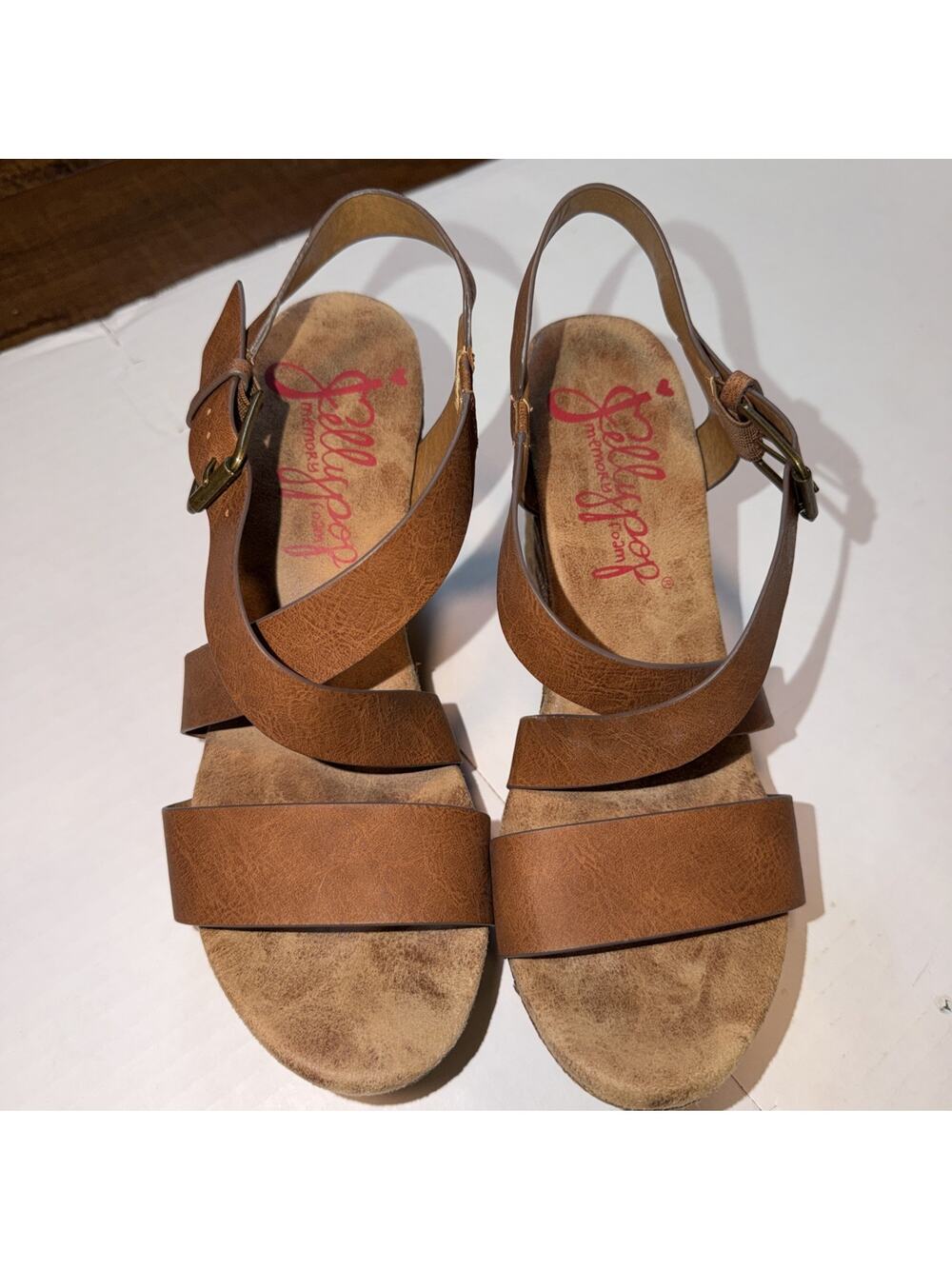 jellypop Women’s Tahoe Sandals Wedge 3+ Strappy Brown Memory Foam Size 9M